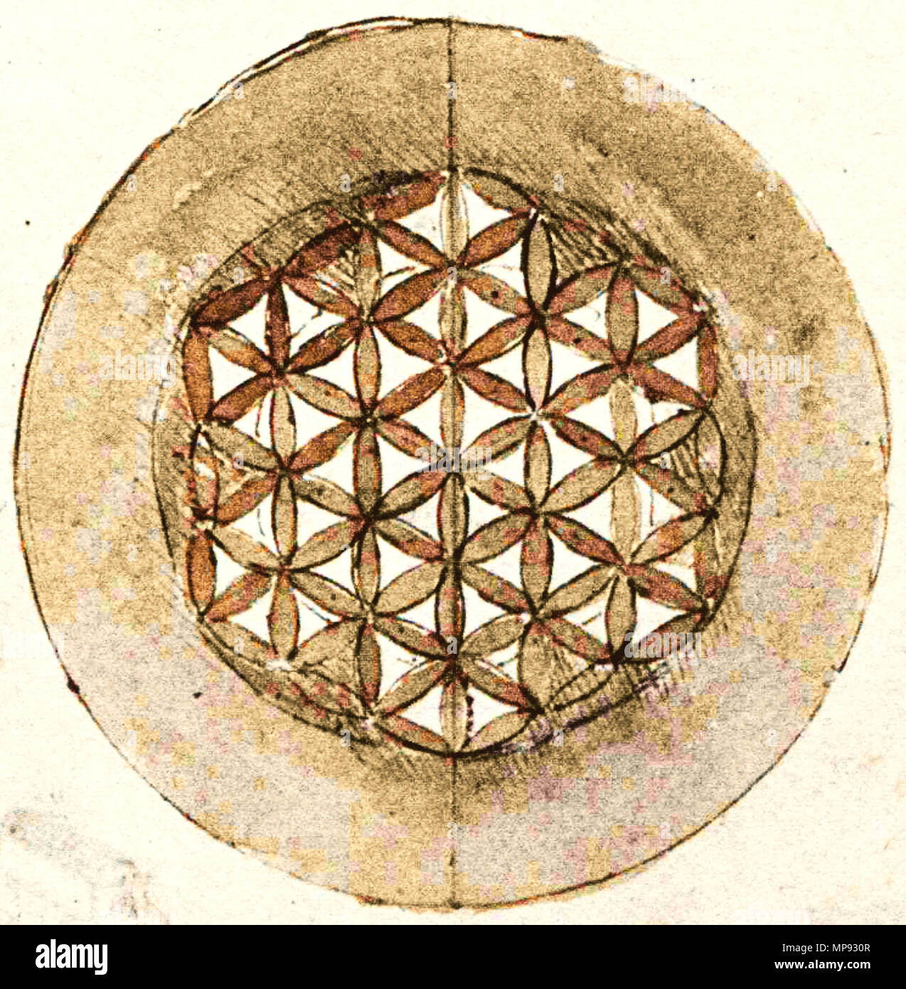 . English: This is a picture of one of Leonardo da Vinci's drawings of geometrical structures related to the ornamental structure named today “Flower of Life”. between 1478 and 1519.   Leonardo da Vinci  (1452–1519)       Alternative names Leonardo di ser Piero da Vinci, Leonardo  Description Italian painter, engineer, astronomer, philosopher, anatomist and mathematician  Date of birth/death 15 April 1452 2 May 1519  Location of birth/death Anchiano Clos Lucé  Work period from 1466 until 1519  Work location Florence (1466–1482), Milan (1483–1499), Mantua (1499), Venice (1500), Florence (1500–1 Stock Photo