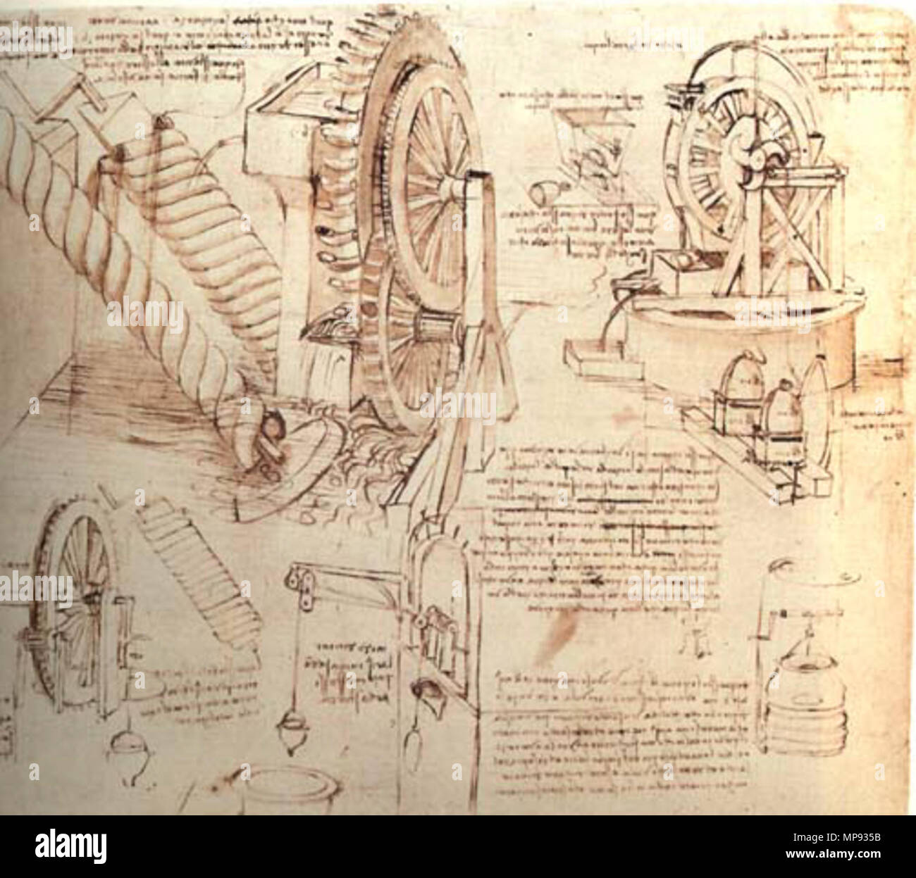 English: Drawings of Water Lifting Devices   between 1480 and 1482.   803 Leonardo da vinci, Drawings of Water Lifting Devices Stock Photo