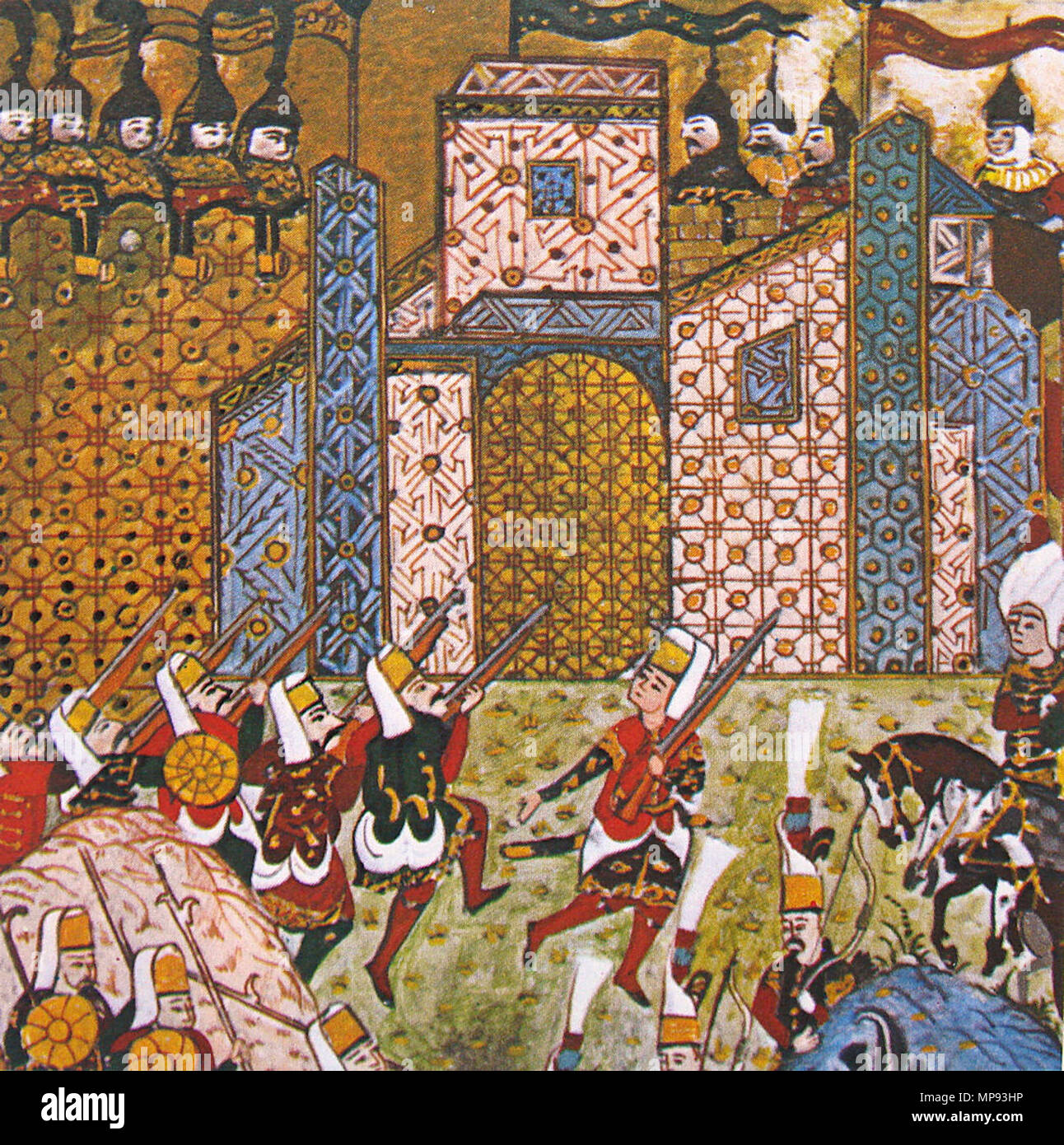 . English: Ottoman Janissaries and the defending Knights of St. John, Siege of Rhodes (1522) . 1558. Fethullah Çelebi Arifi (historian, poet and painter) and/or Matrakçı Nasuh (painter of landscape) and/or other painters at the court of Sultan Suleiman the Magnificent 950 OttomanJanissariesAndDefendingKnightsOfStJohnSiegeOfRhodes1522 Stock Photo