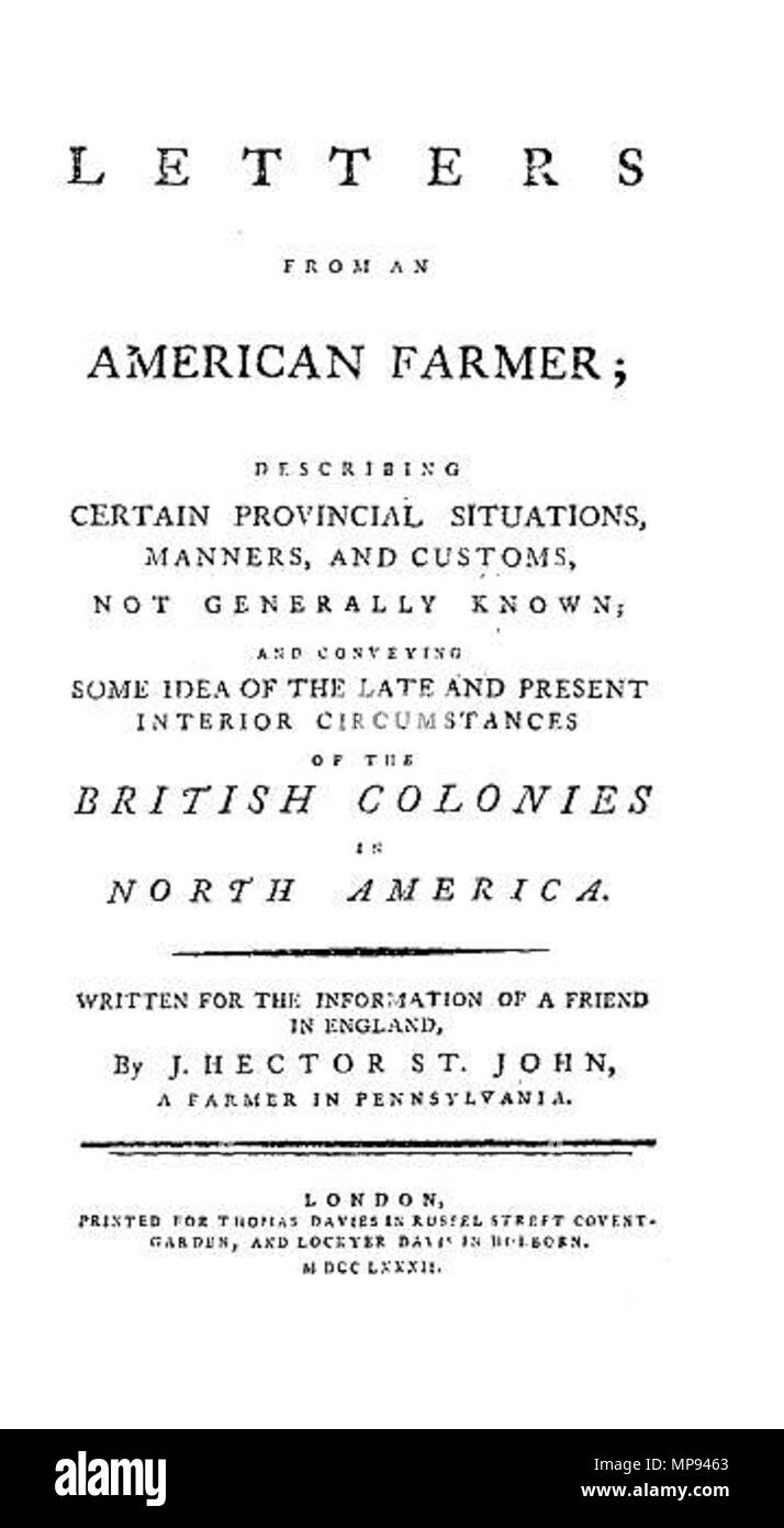 English: Letters from an American Farmer facsimile title page of the 'New  Edition', copied from Oxford World's Classics edition. 1782. J. Hector St.  John de Crèvecœur (1732–1813) 807 LettersFromAnAmericanFarmer Stock Photo -  Alamy