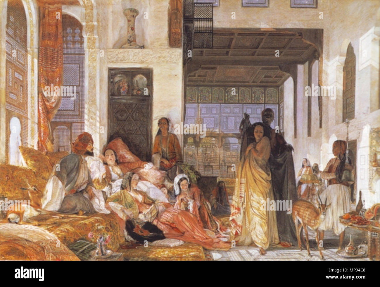. English: The Harem - Introduction of an Abyssinian slave by J.F. Lewis (1805-1876) . 1860s.   John Frederick Lewis  (1805–1876)     Alternative names J. F. Lewis; John Frederick Lewis (1805-1876); Spanish Lewis; J.F. Lewis  Description British painter and printmaker  Date of birth/death 14 July 1805 15 August 1876  Location of birth/death London Walton-on-Thames  Work location London, Kairo  Authority control  : Q1391078 VIAF: 35335176 ISNI: 0000 0000 6681 7858 ULAN: 500007820 LCCN: nr95029881 NLA: 40125980 WorldCat 808 Lewis Harem Stock Photo