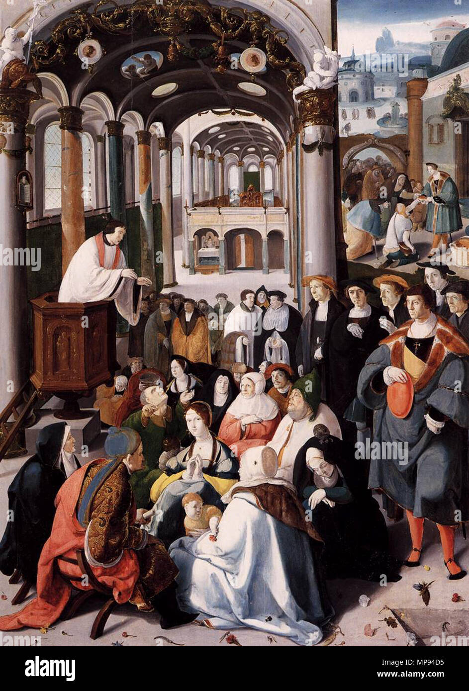 The Calling of Saint Anthony. The calling of Saint Anthony. View into a church where a priest wearing a surplice is preaching from his pulpit to a group of men and women. Behind the priest hangs a small painting showing Moses holding the Ten Commandments. The foreground is sprayed with flowers. To the right Saint Anthony is standing listening to the sermon as are five other men behind him, who seem to be the donors of the painting. In the background Saint Anthony is handing out bread to the poor and the crippled. Further inside the church a rood screen stands, separating the nave from the choi Stock Photo