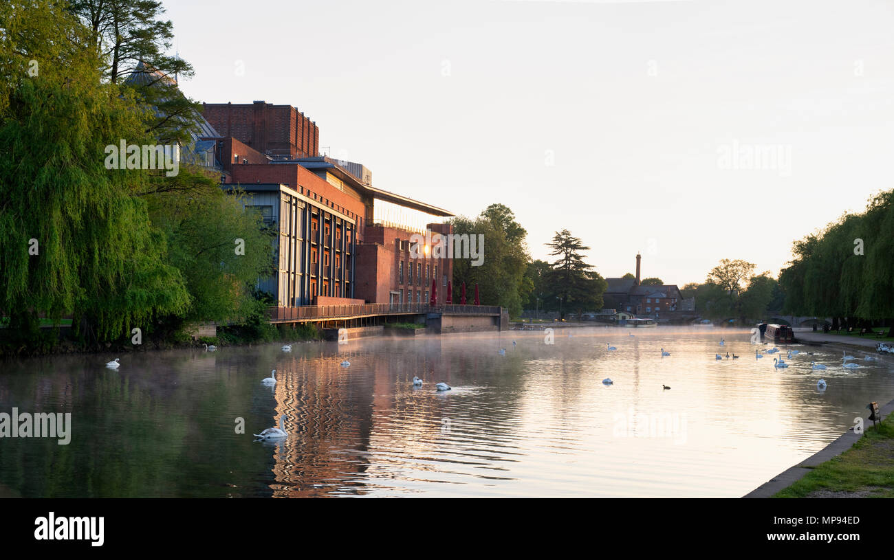 Royal Shakespeare Theatre reflecting in the river avon at sunnrise. Stratford Upon Avon, Warwickshire, England Stock Photo
