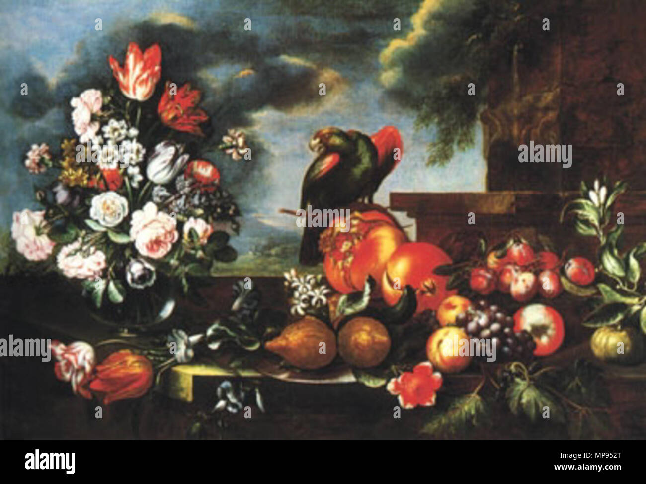 Flowers, Fruit and a parrot  1688.   810 Ligozzi, Bartolomeo - Flowers, Fruit and a parrot - 1688 Stock Photo