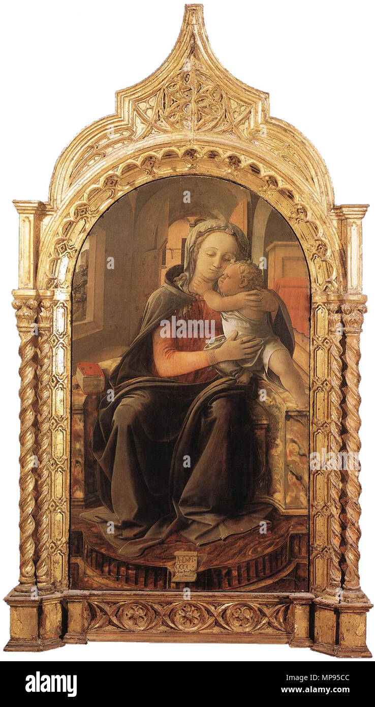Madonna and Child Enthroned.  LIPPI, Fra Filippo Madonna with Child (Tarquinia Madonna) Tempera on panel, 151 x 66 cm Galleria Nazionale d'Arte Antica, Rome . 1437.   813 Lippi, madonna di tarquinia, 1437 Stock Photo
