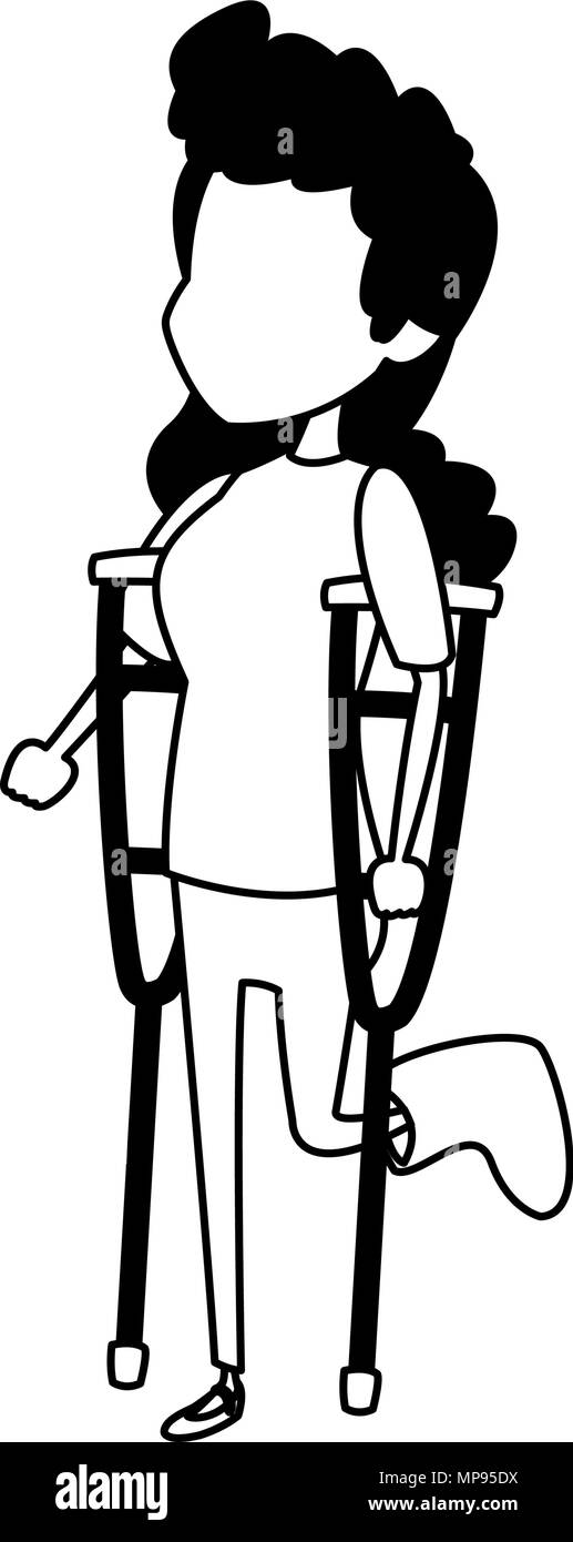 Woman with crutches in black and white Stock Vector