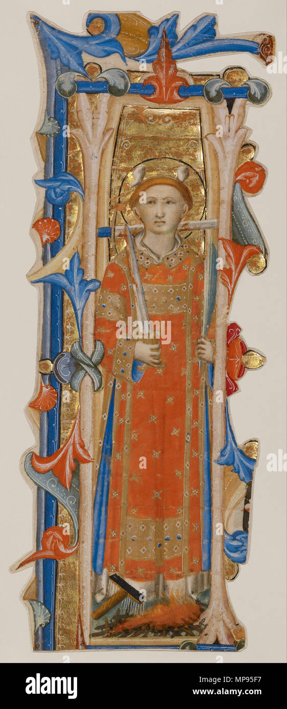 Initial I: A Martyr Saint.  The elegant figure of this saint, which fully dominates the space of the initial I , is notable for its strong, monumental bearing. The artist employed a warm, glowing palette of gold and orange, endowing the figure with a luminous quality appropriate to a holy person. The initial, cut from an antiphonal, probably introduced a generic text devoted to martyrs, which was individualized by the insertion of a particular saint's name. The saint shown is thus not a specific person but a composite martyr accompanied by the attributes of a number of saints who died for the  Stock Photo