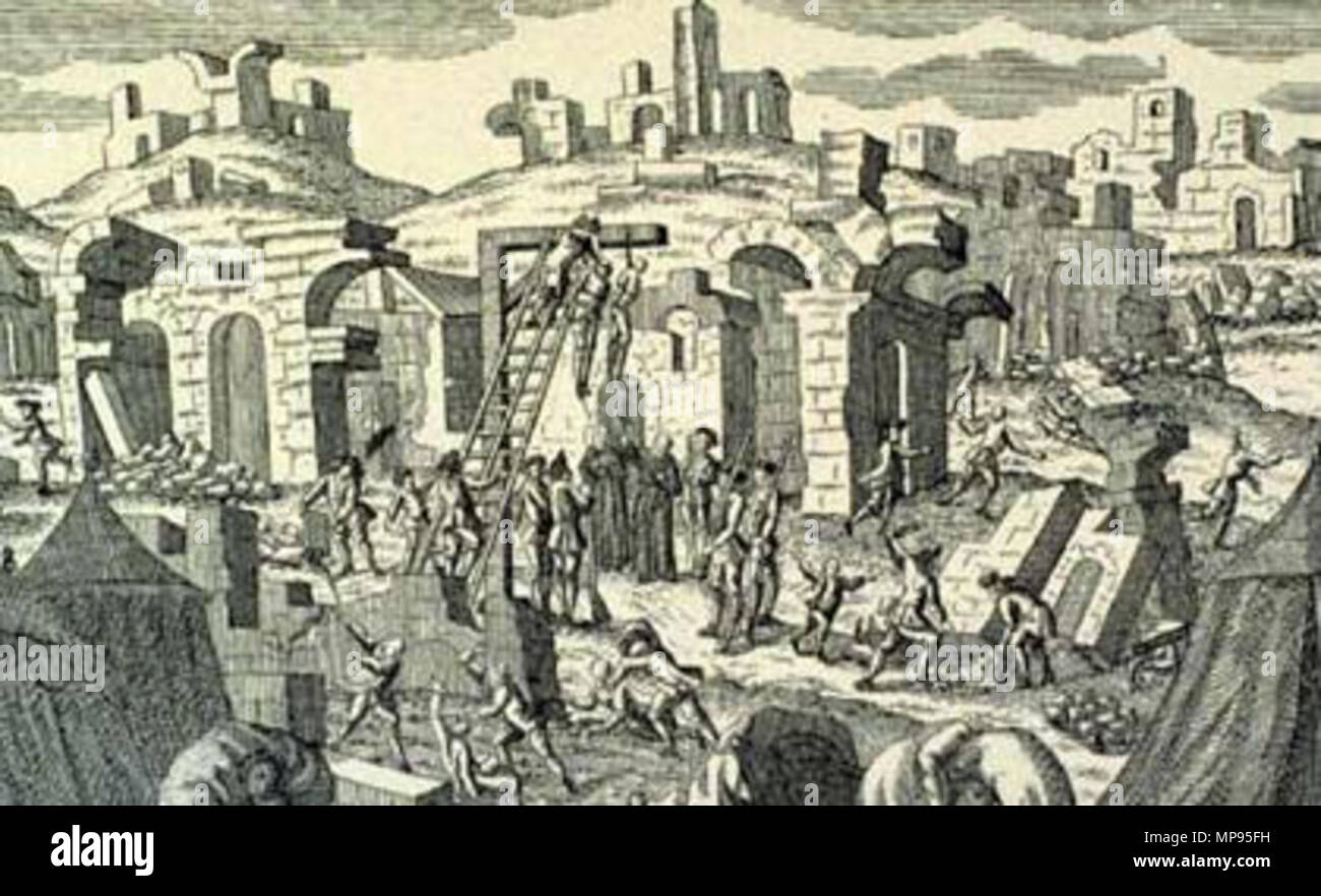 . English: Lisbon in the aftermath of the 1755 earthquake, showing persons being hanged in the presence of priests and military officials. One priest is holding a crucifix, one possibly a prayer book, so they could be giving last rites to the persons being hanged (General crime and mayhem occurs nearby). In his ?The Lisbon Earthquake in 1755: The First Modern Disaster,? University of Delaware Disaster Research Center, Dept. of Sociology and Criminal Justice, 2003, Russell R. Dynes states:  ?Security became an issue. It is reported that gallows were set up in several parts of the city as a warn Stock Photo