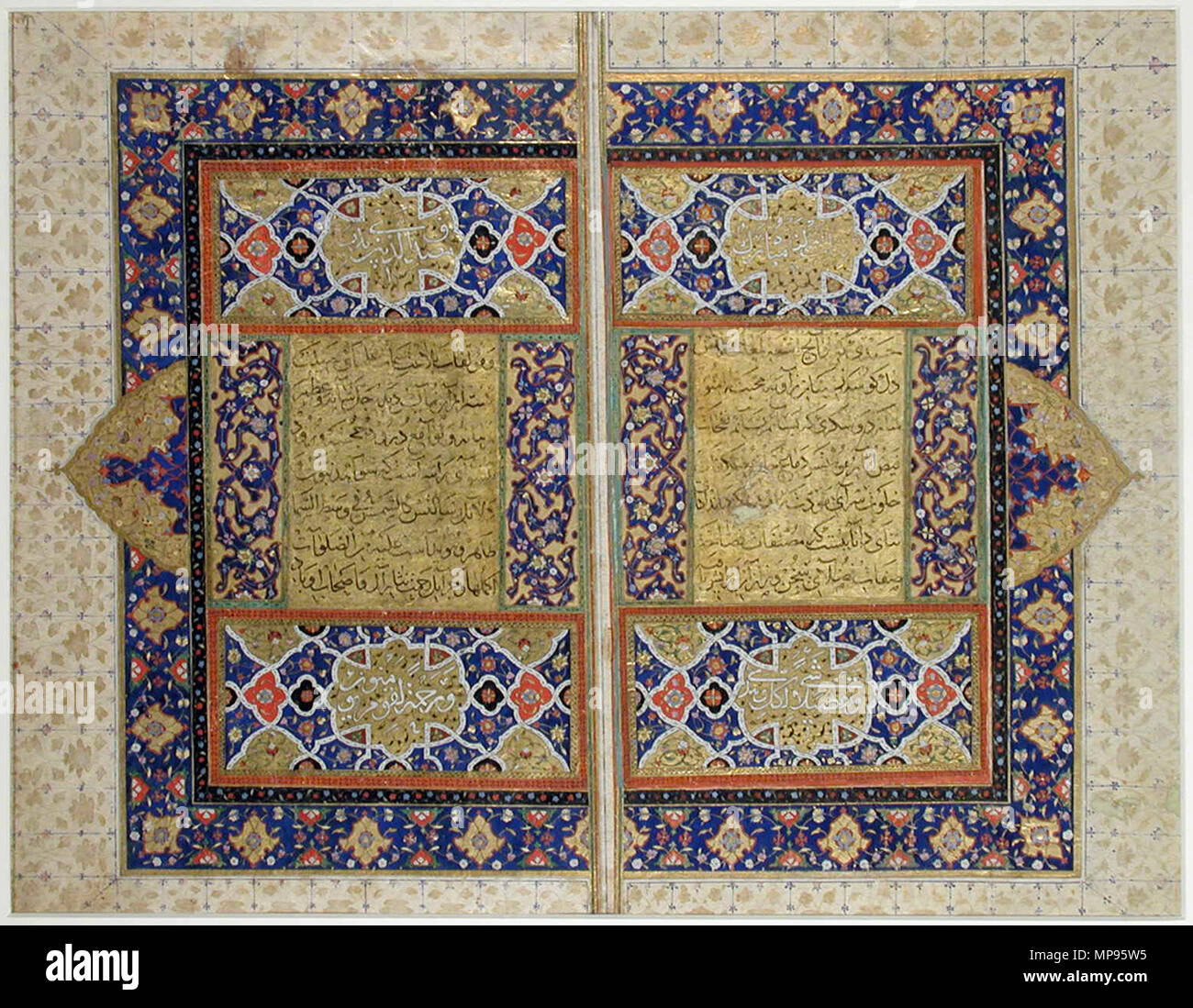 . English: Series Title: Shahnama Creation Date: 16th century Display Dimensions: 12 3/8 in. x 10 31/32 in. (31.4 cm x 27.86 cm) Credit Line: Gift of Edwin Binney 3rd Accession Number: 1971.64 Collection: <a href='http://www.sdmart.org/art/our-collection/asian-art' rel='nofollow'>The San Diego Museum of Art</a> . 1 October 2001, 14:58:57. English: thesandiegomuseumofartcollection 773 Koran Frontispiece (two sections) (6124498873) Stock Photo
