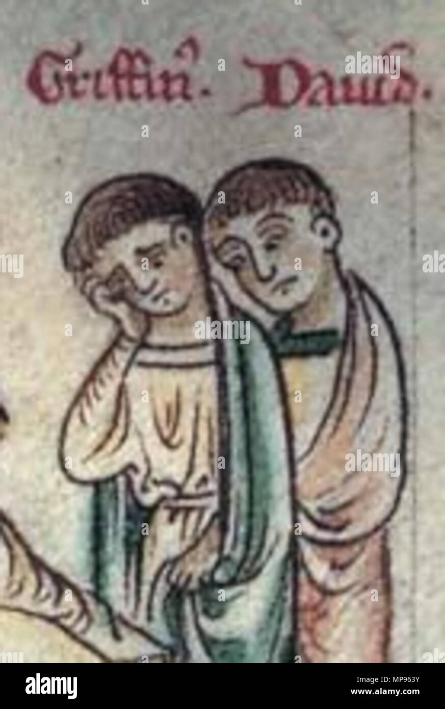 . Manuscript drawing showing Llywelyn the Great with his sons Gruffydd and Dafydd. By Matthew Paris, in or before 1259. circa 1259. User:Lampman 815 Llywelyn the Great detail Stock Photo