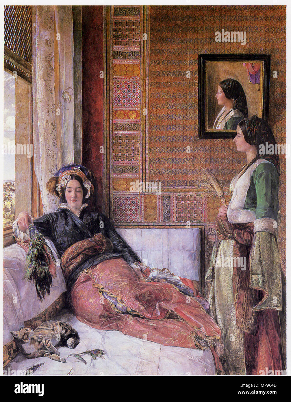 . English: 'Hhareem Life, Constantinople', Watercolor, 18x12 inches, 1857. 1857.   John Frederick Lewis  (1805–1876)     Alternative names J. F. Lewis; John Frederick Lewis (1805-1876); Spanish Lewis; J.F. Lewis  Description British painter and printmaker  Date of birth/death 14 July 1805 15 August 1876  Location of birth/death London Walton-on-Thames  Work location London, Kairo  Authority control  : Q1391078 VIAF: 35335176 ISNI: 0000 0000 6681 7858 ULAN: 500007820 LCCN: nr95029881 NLA: 40125980 WorldCat 732 John Frederick Lewis - Hhareem Life, Constantinople Stock Photo