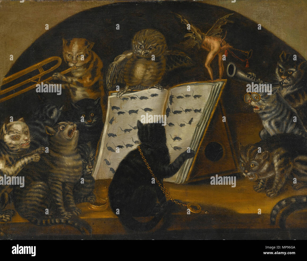 According to the auction house: Cats being instructed In the art of  mouse-catching by an owl Looks more like: A cat orchestra directed by an  owl, with sheet music made of
