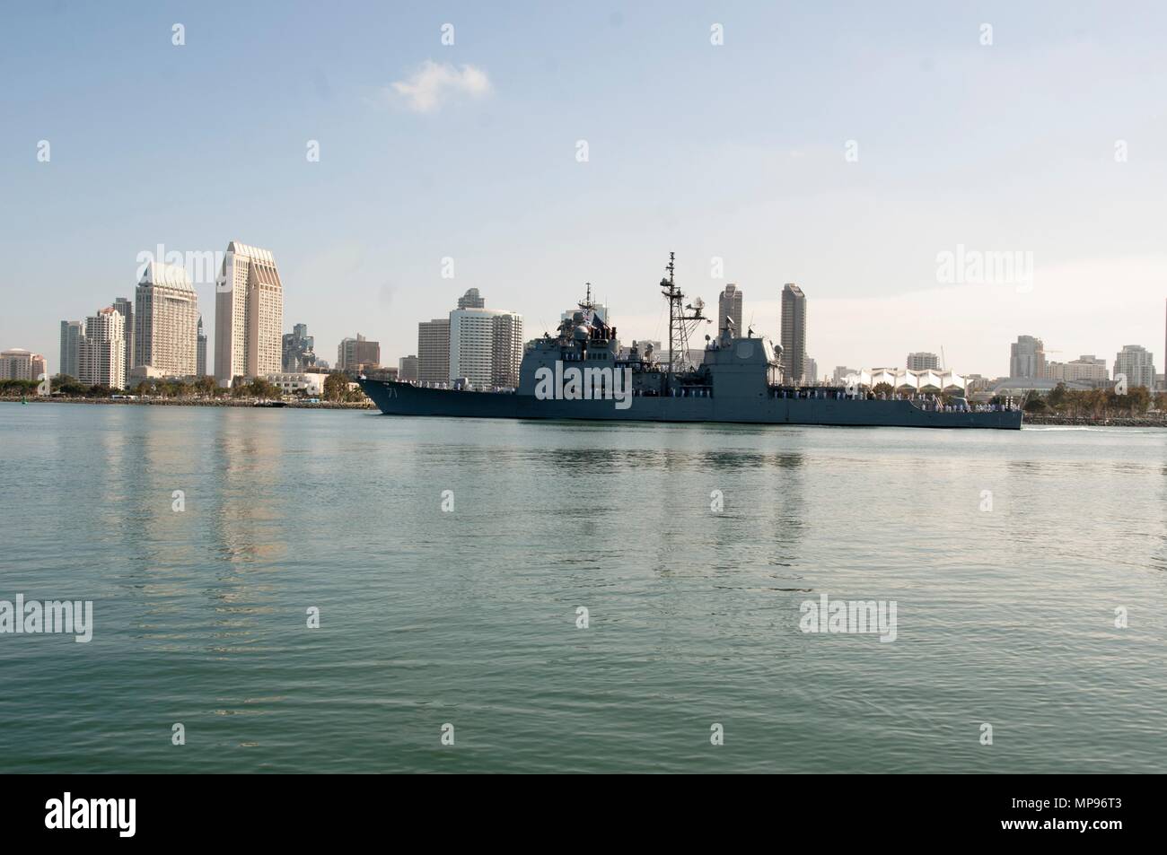 The U.S. Navy Ticonderoga-class guided-missile cruiser USS Cape St. George transits through the San Diego Bay June 16, 2014 in San Diego, California.   (photo by Donnie W. Ryan via Planetpix) Stock Photo