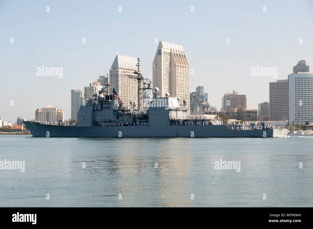 The U.S. Navy Ticonderoga-class guided-missile cruiser USS Cape St. George transits through the San Diego Bay June 16, 2014 in San Diego, California.   (photo by Donnie W. Ryan via Planetpix) Stock Photo