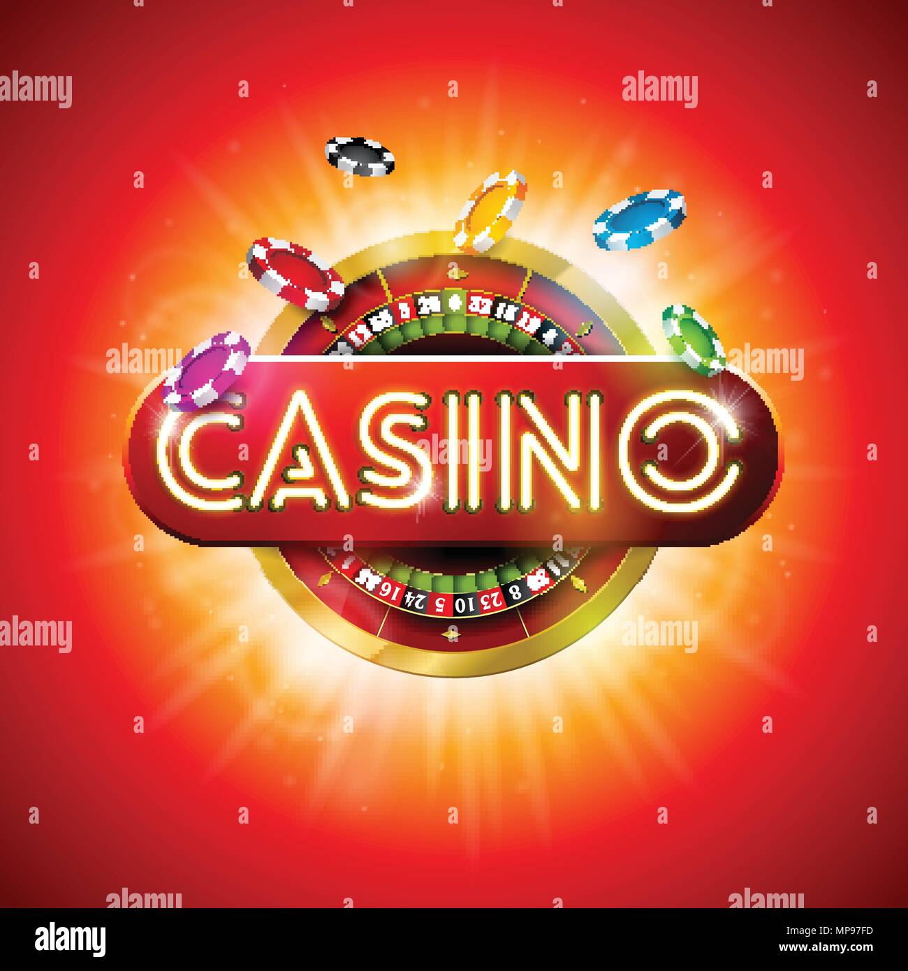 Casino Illustration with shiny neon light letter and roulette wheel on
