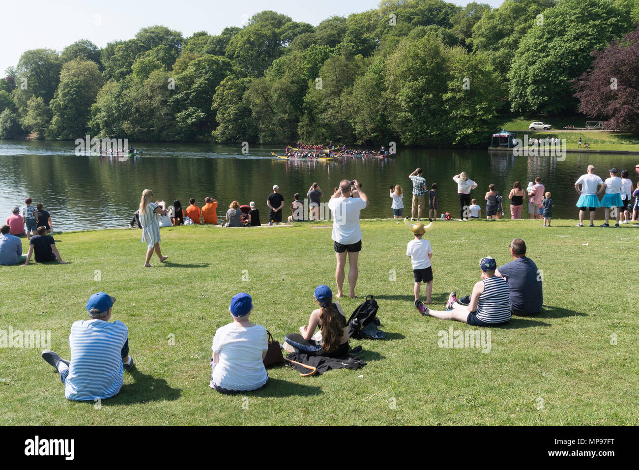 A Martin House Hospice charity event dragon boat race taking place in Roundhay Park, Leeds, Yorkshire, England, UK Stock Photo