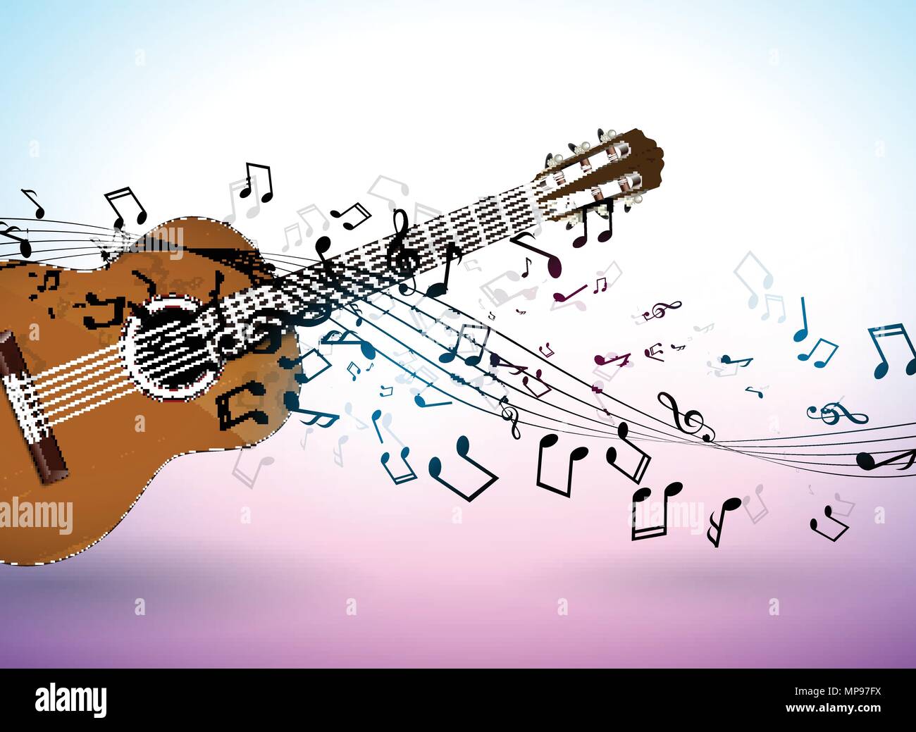 Music banner design with acoustic guitar and falling notes on clean background. Vector illustration template for invitation, party poster, promotional banner, brochure, or greeting card. Stock Vector