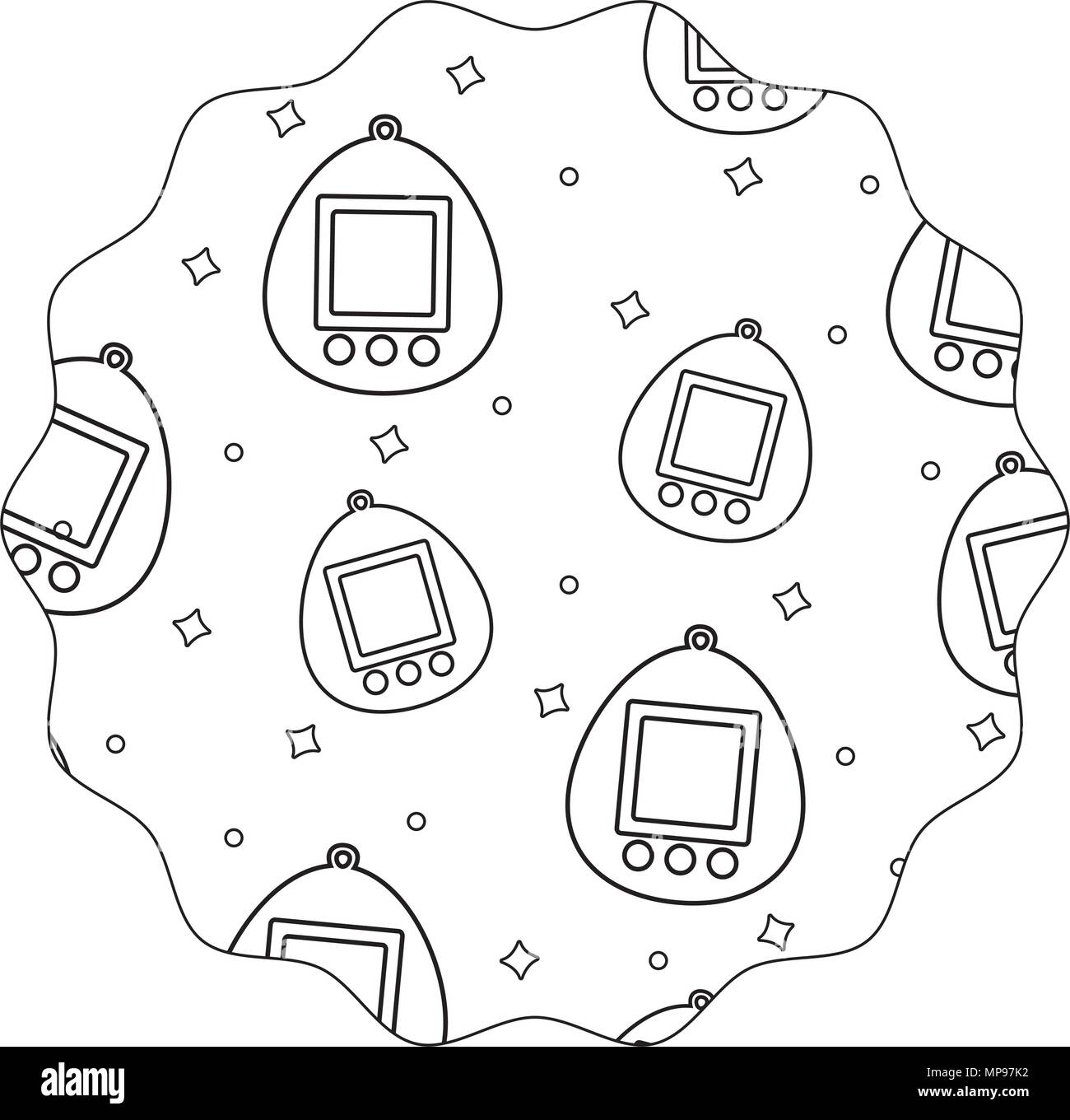 circular frame with tamagotchi pattern over white background, vector illustration Stock Vector