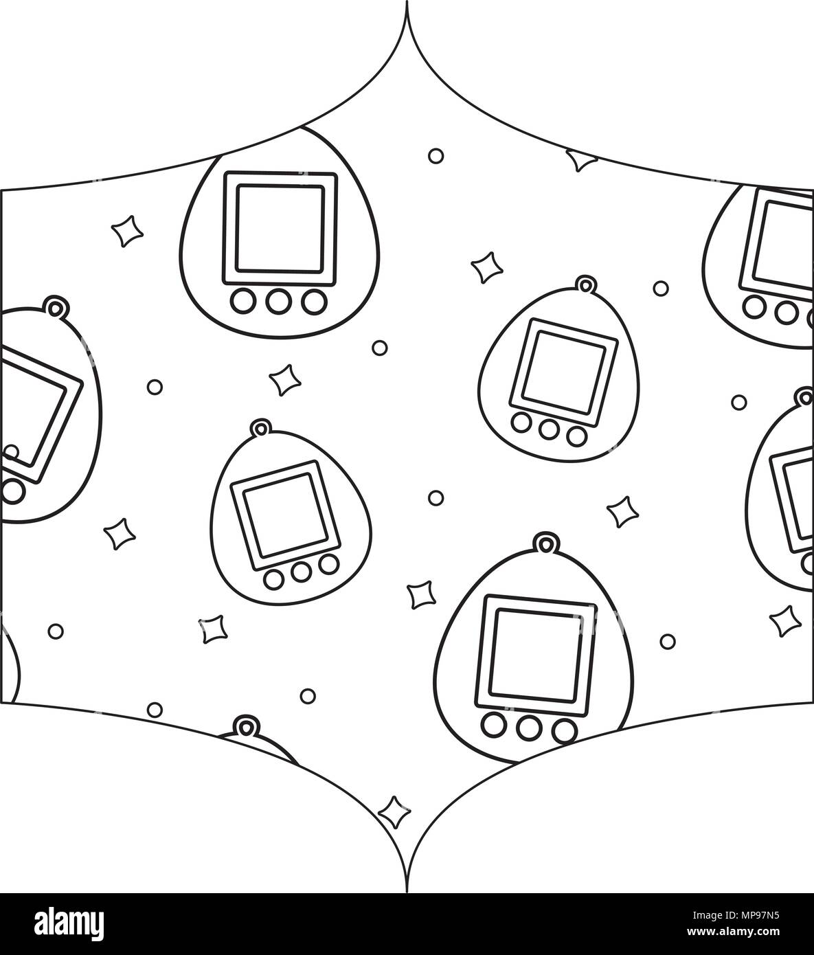 decorative frame with tamagotchi pattern over white background, vector illustration Stock Vector