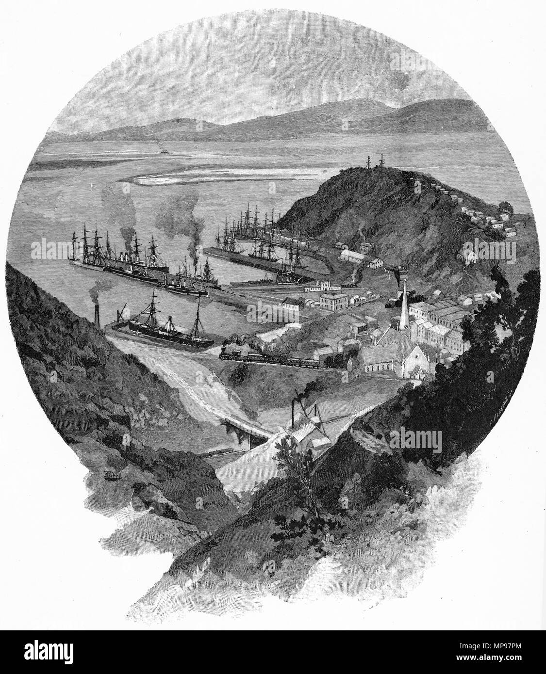 Engraving of Port Chalmers circa 1880, New Zealand. From the Picturesque Atlas of Australasia Vol 3, 1886 Stock Photo