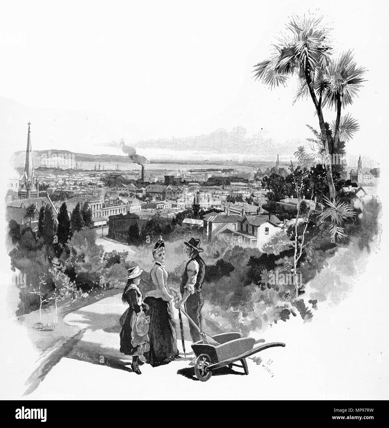 Engraving of a family enjoying the views over the city of Dunedin circa 1880, New Zealand. From the Picturesque Atlas of Australasia Vol 3, 1886 Stock Photo
