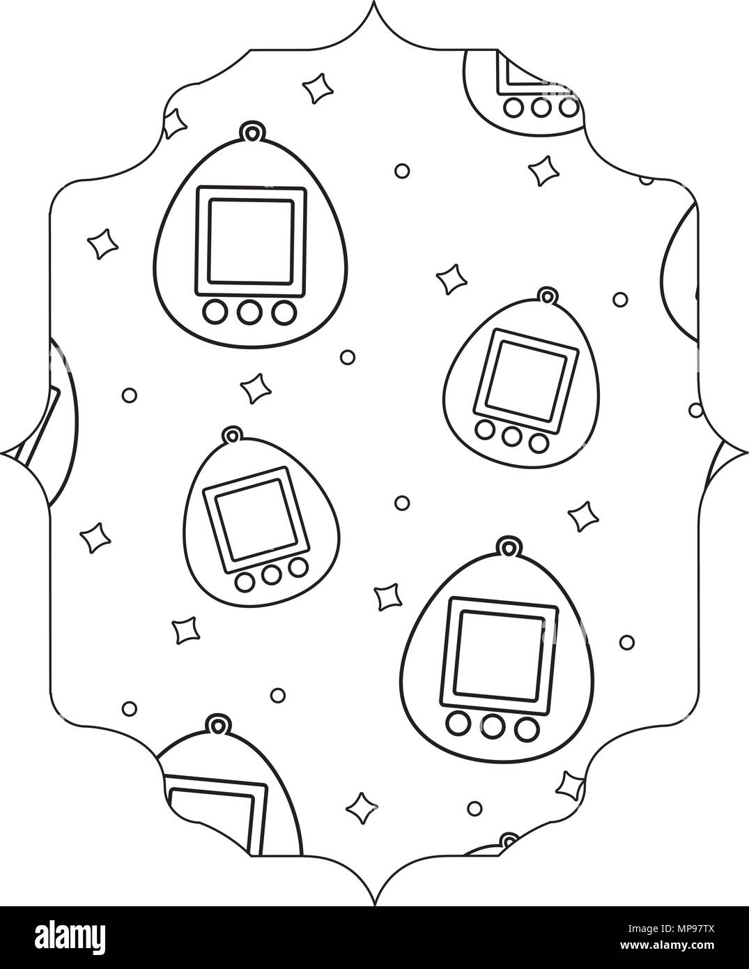 arabic frame with tamagotchi pattern over white background, vector illustration Stock Vector