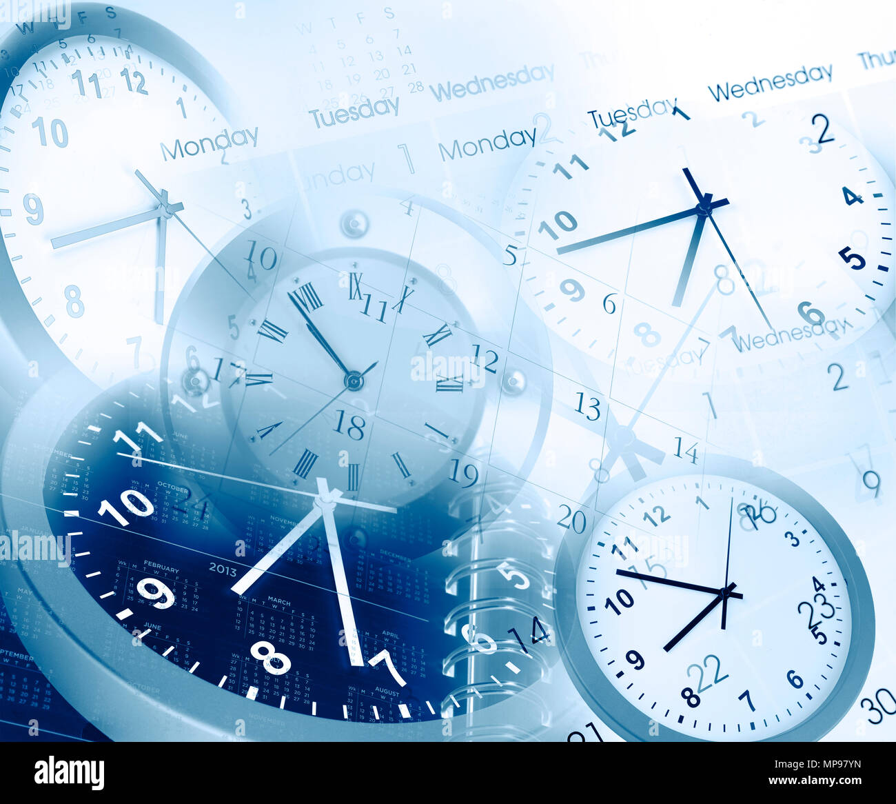 Clocks and calendars composite. Blue tone Stock Photo Alamy