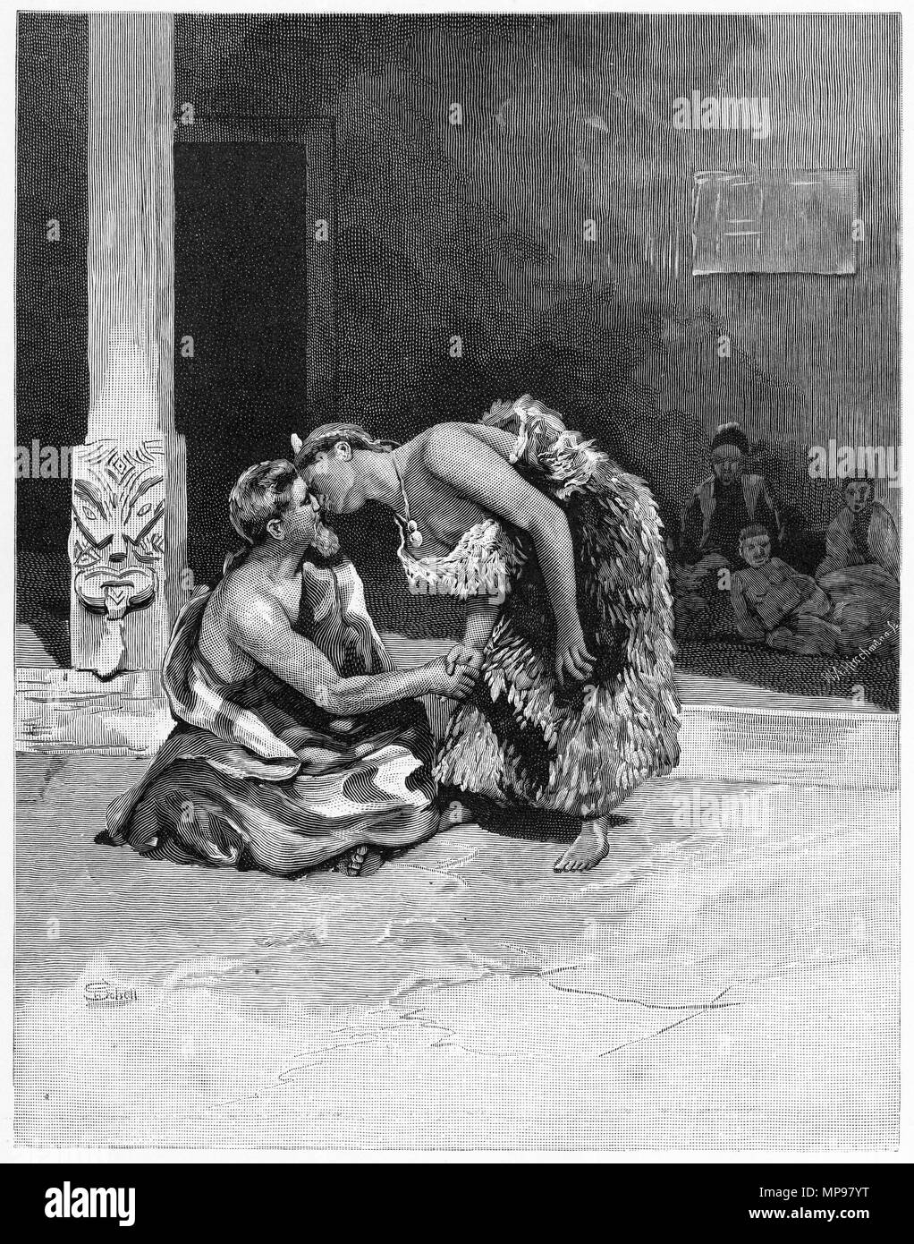 Engraving of a traditional Maori greeting, the rubbing of noses, New Zealand. From the Picturesque Atlas of Australasia Vol 3, 1886 Stock Photo