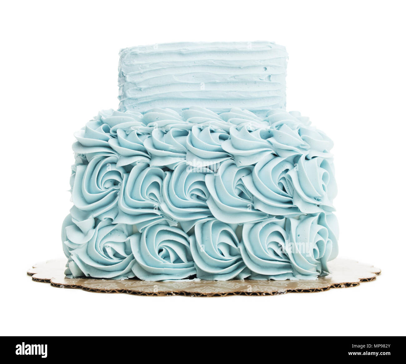 Isolated Blue Frosted Layered Cake. Stock Photo