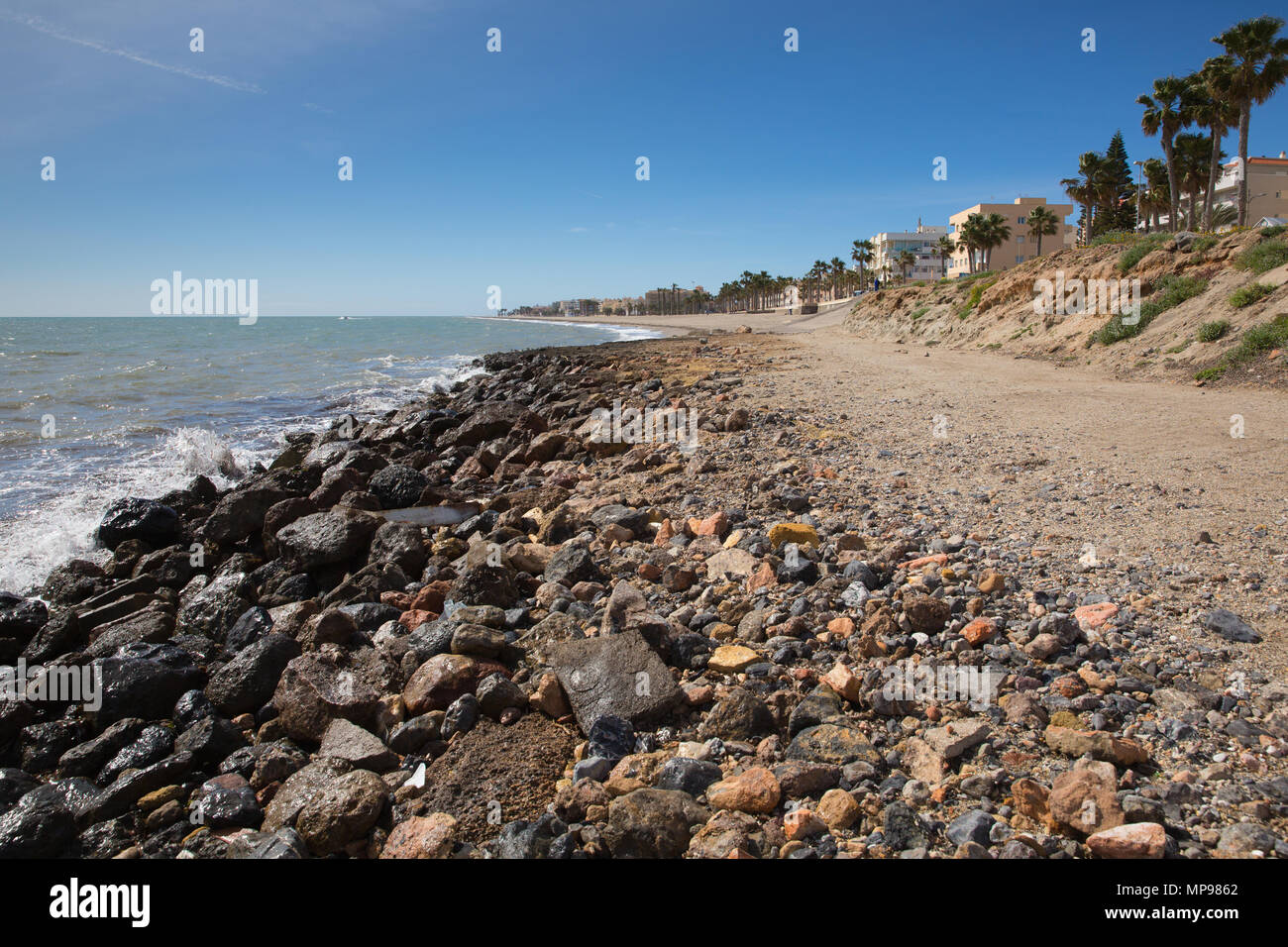Coast and beach view Roquetas del Mar Costa de Almería, Andalucía Spain near the castle and lighthouse Stock Photo
