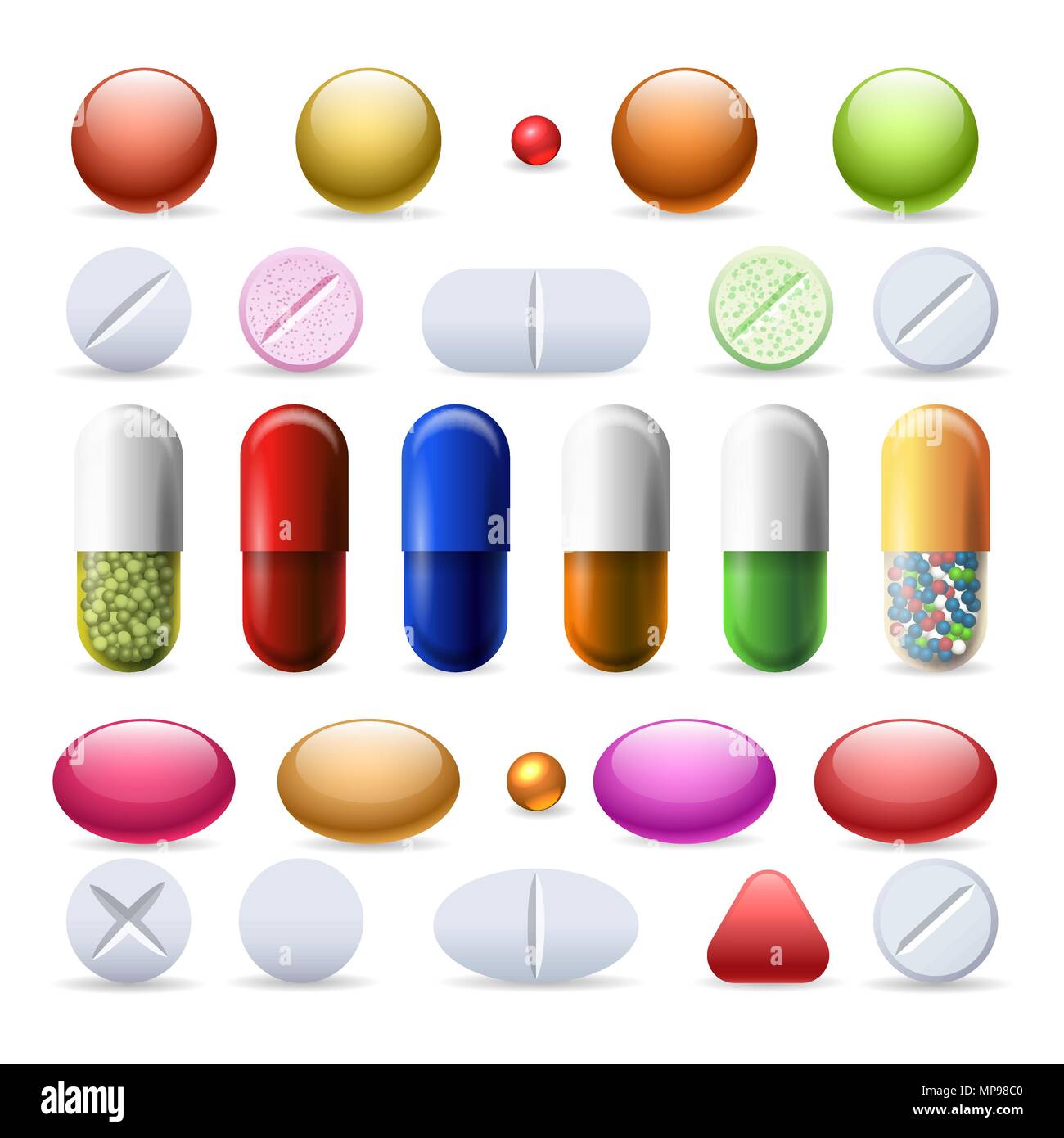 Pill and tablets. Medicine and capsule, tablet and vitamin pill vector set isolated on white background Stock Vector
