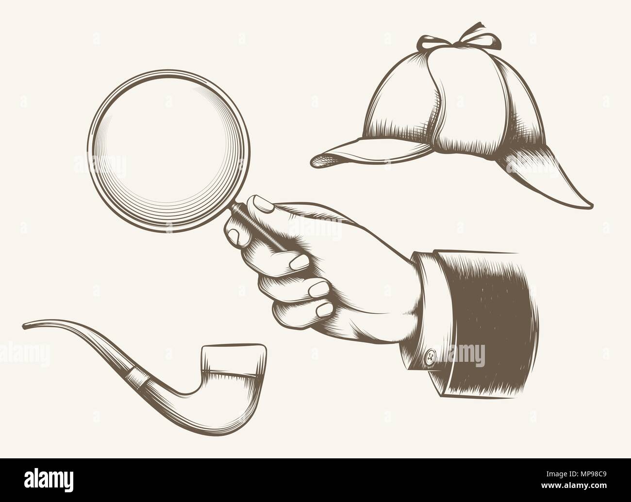 Vintage detective elements. Hand with magnifying glass, smoking pipe and hat inspired by sir Arthur Conan Doyle novels hand drawn vector illustration Stock Vector