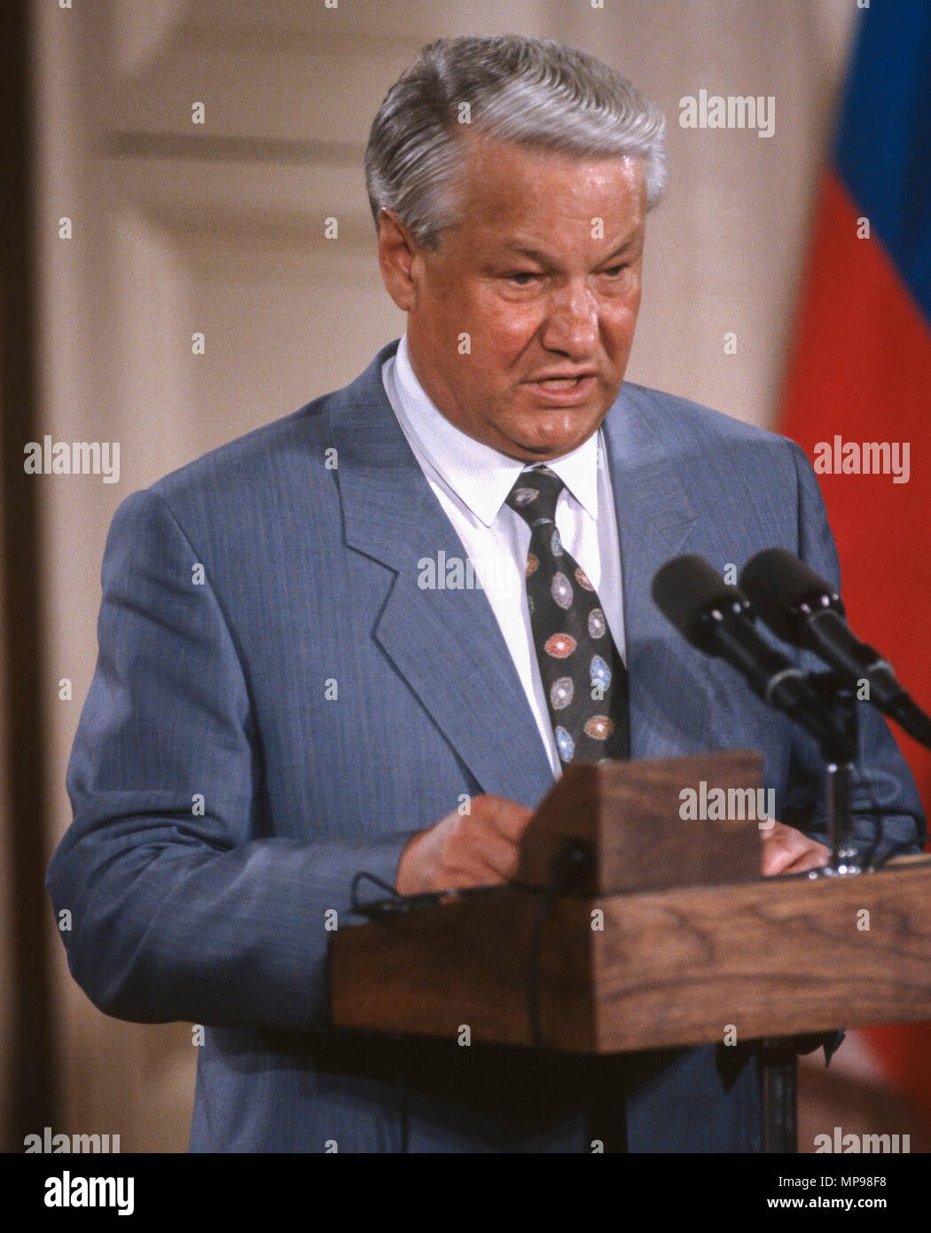 WASHINGTON, DC, USA - JUNE 17, 1992: Russia President Boris Yeltin speaking at news conference in East Room of White House during summit with President George H.W. Bush. Stock Photo