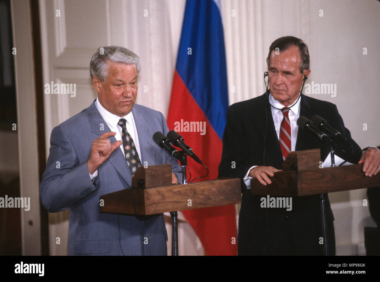 WASHINGTON, DC, USA - JUNE 17, 1992: Russia President Boris Yeltin, left, speaking at news conference in East Room of White House during summit with President George H.W. Bush. Stock Photo