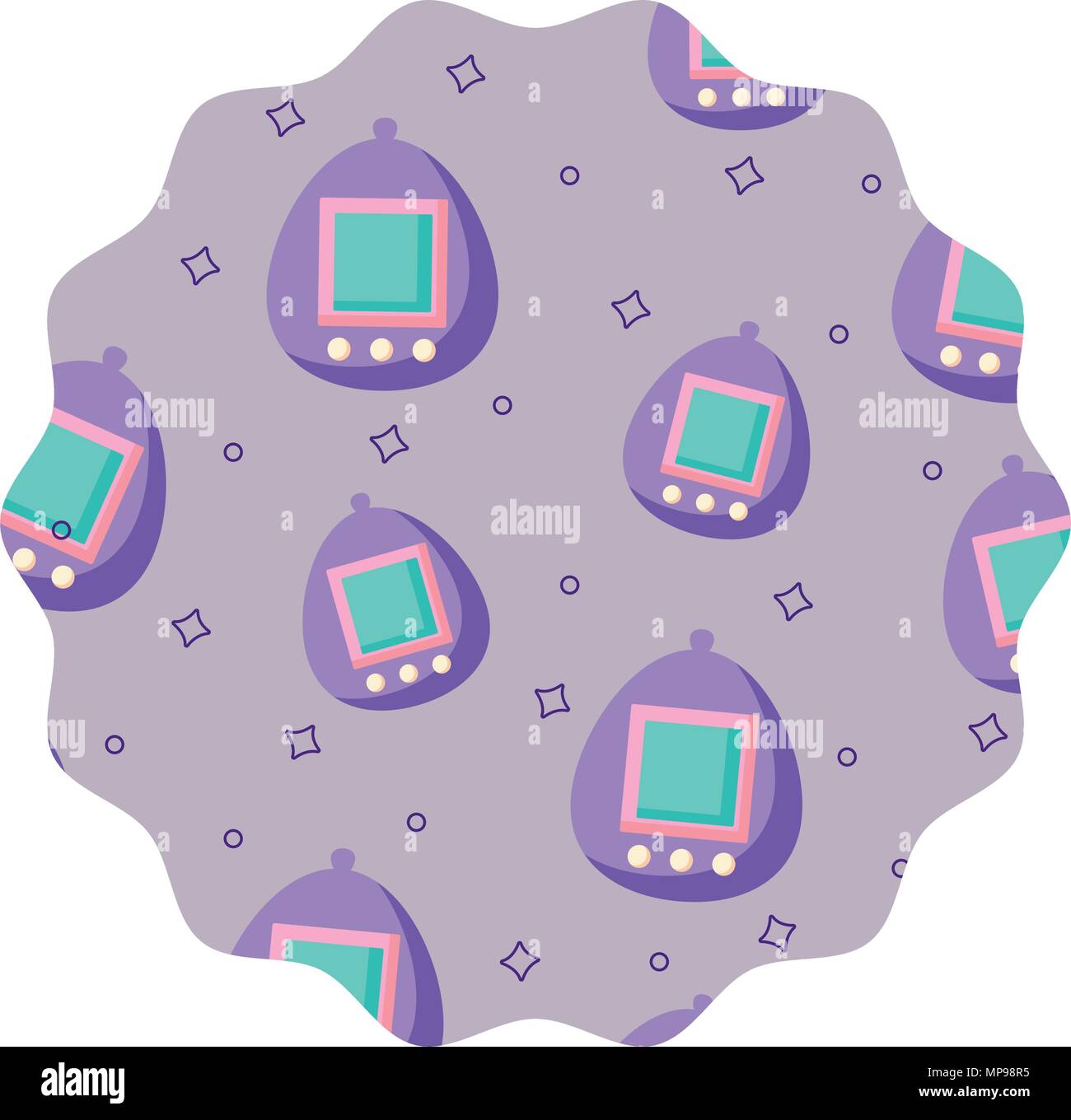 circular frame with tamagotchi pattern over white background, vector illustration Stock Vector