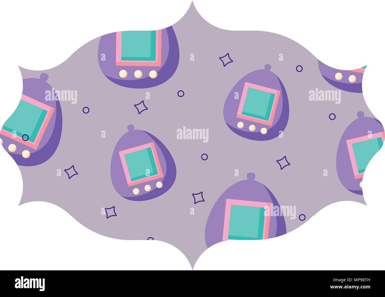 arabic frame with tamagotchi pattern over white background, vector illustration Stock Vector