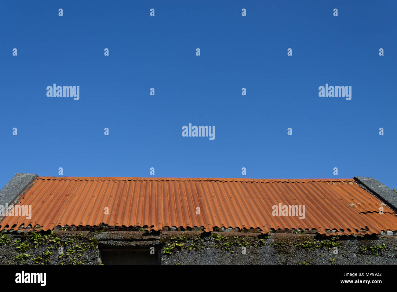 rusty corrugated tin roof on a barn set against a clear blue sky. Stock Photo