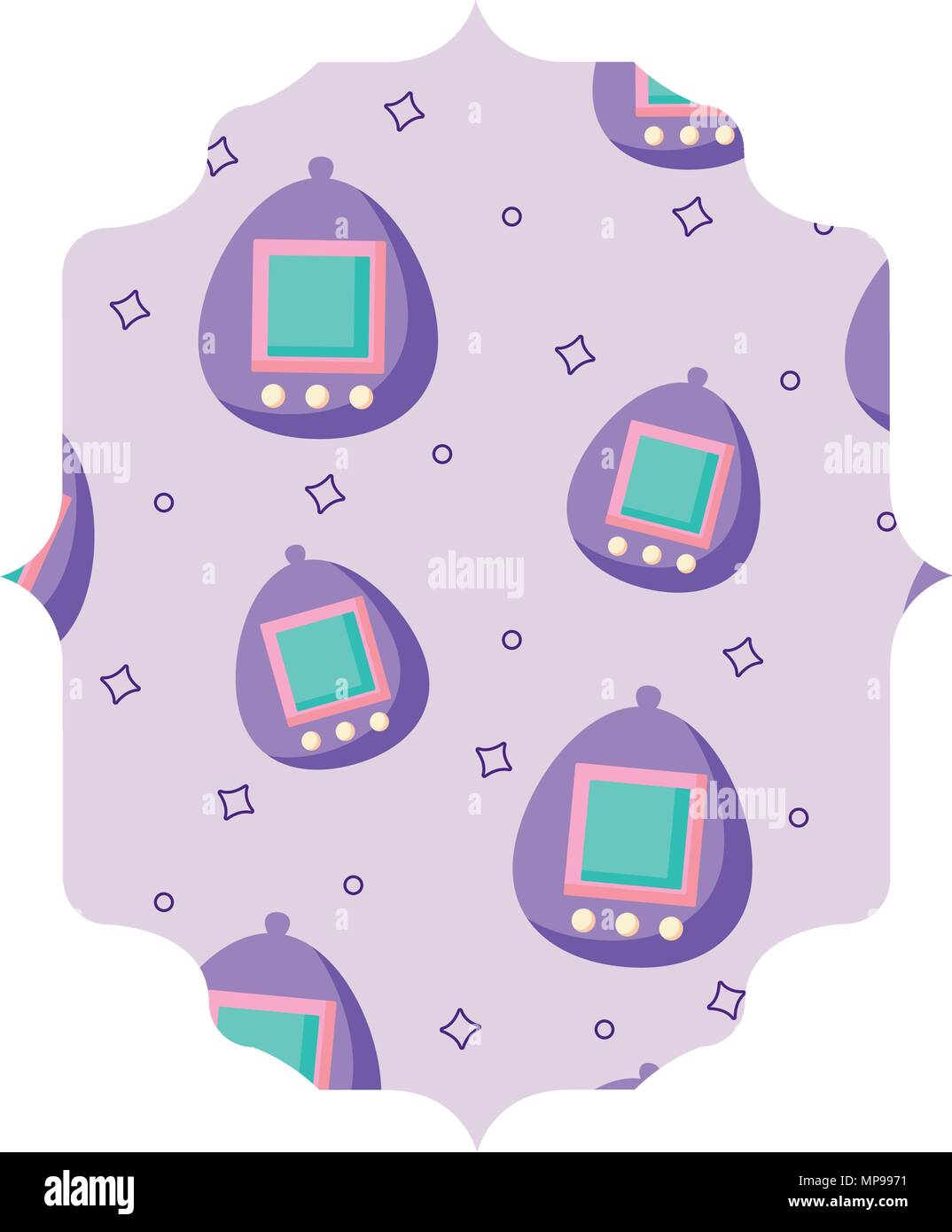 arabic frame with tamagotchi pattern over white background, vector illustration Stock Vector