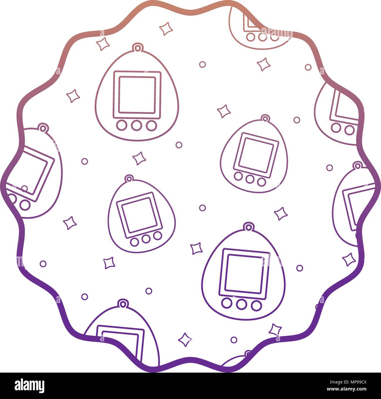 circular frame with tamagotchi pattern over white background, vector illustration Stock Vector