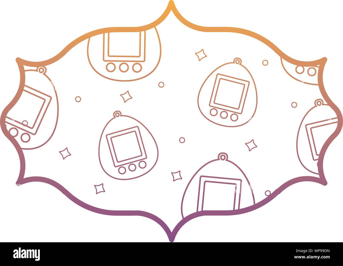 arabic frame with tamagotchi pattern over white background, vector illustration Stock Vector