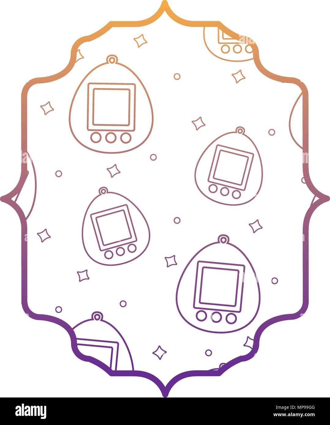 arabic frame with tamagotchi pattern over white background, vector illustration Stock Vector