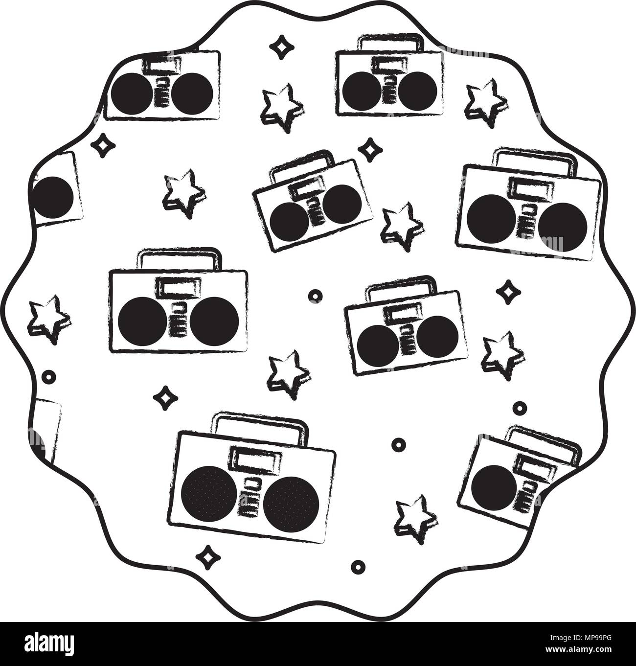 circular frame with Boombox stereo and stars pattern over white