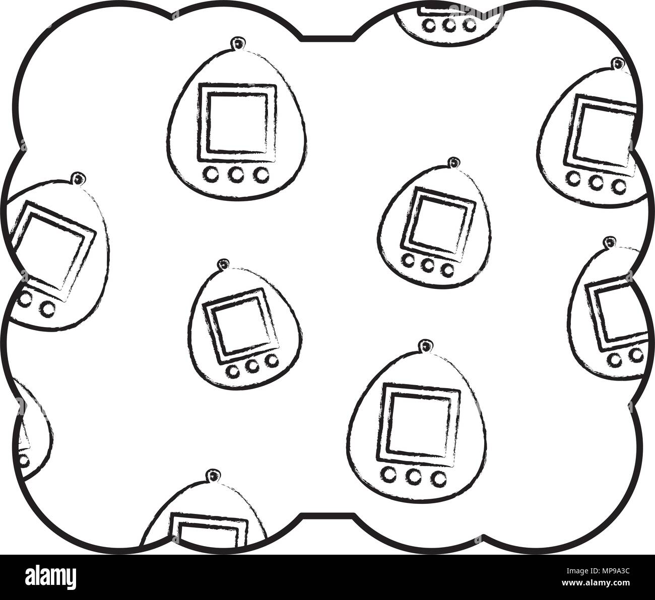 decorative frame with tamagotchi pattern over white background, vector illustration Stock Vector