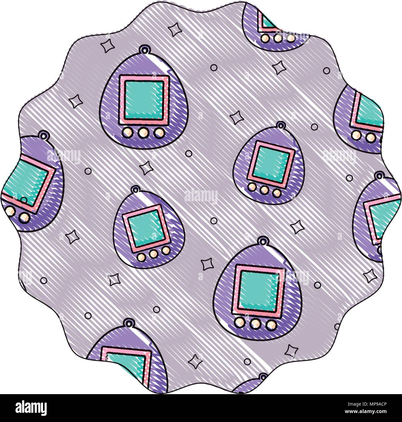 circular frame with tamagotchi pattern over white background, vector illustration Stock Vector