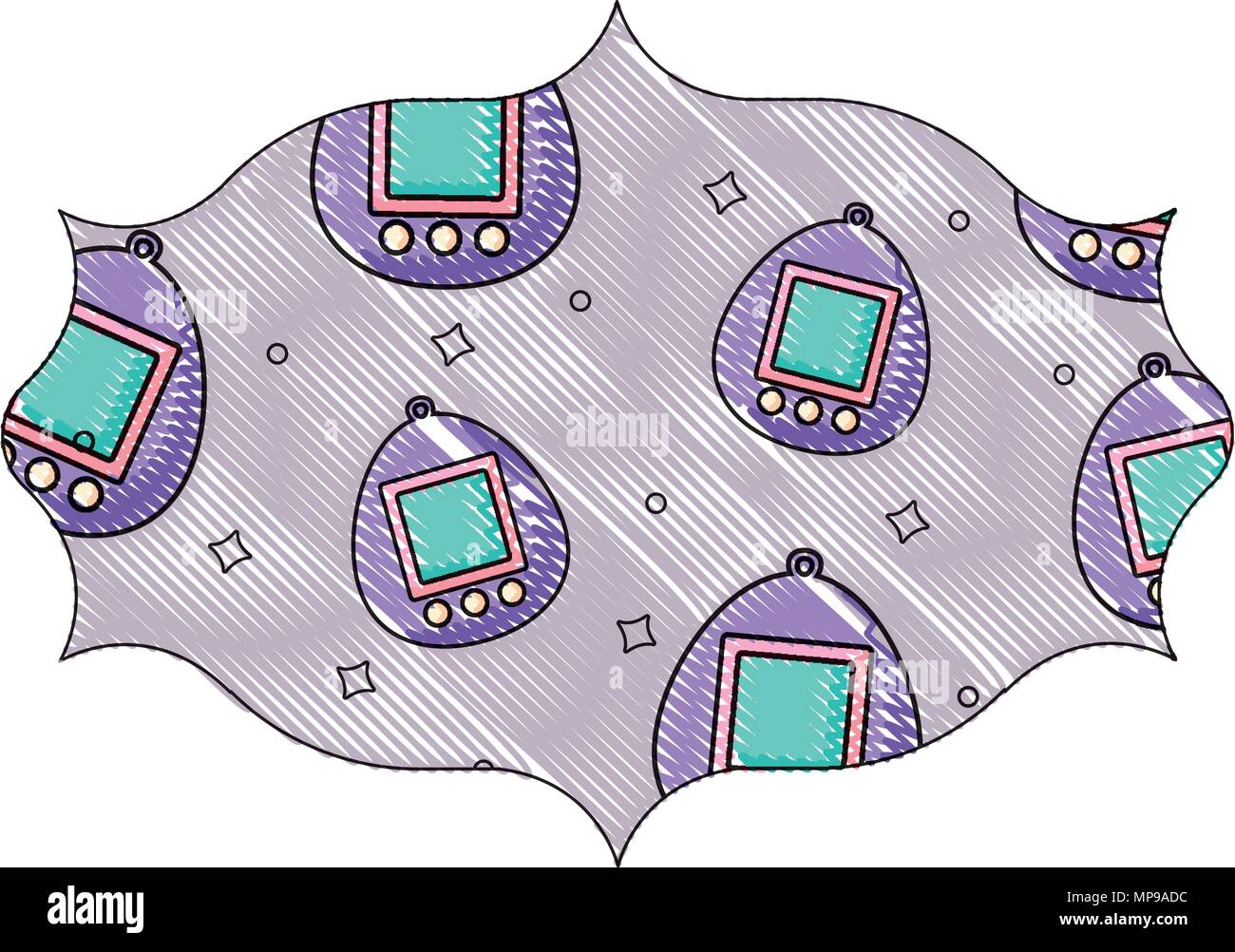 arabic frame with tamagotchi pattern over white background, vector illustration Stock Vector