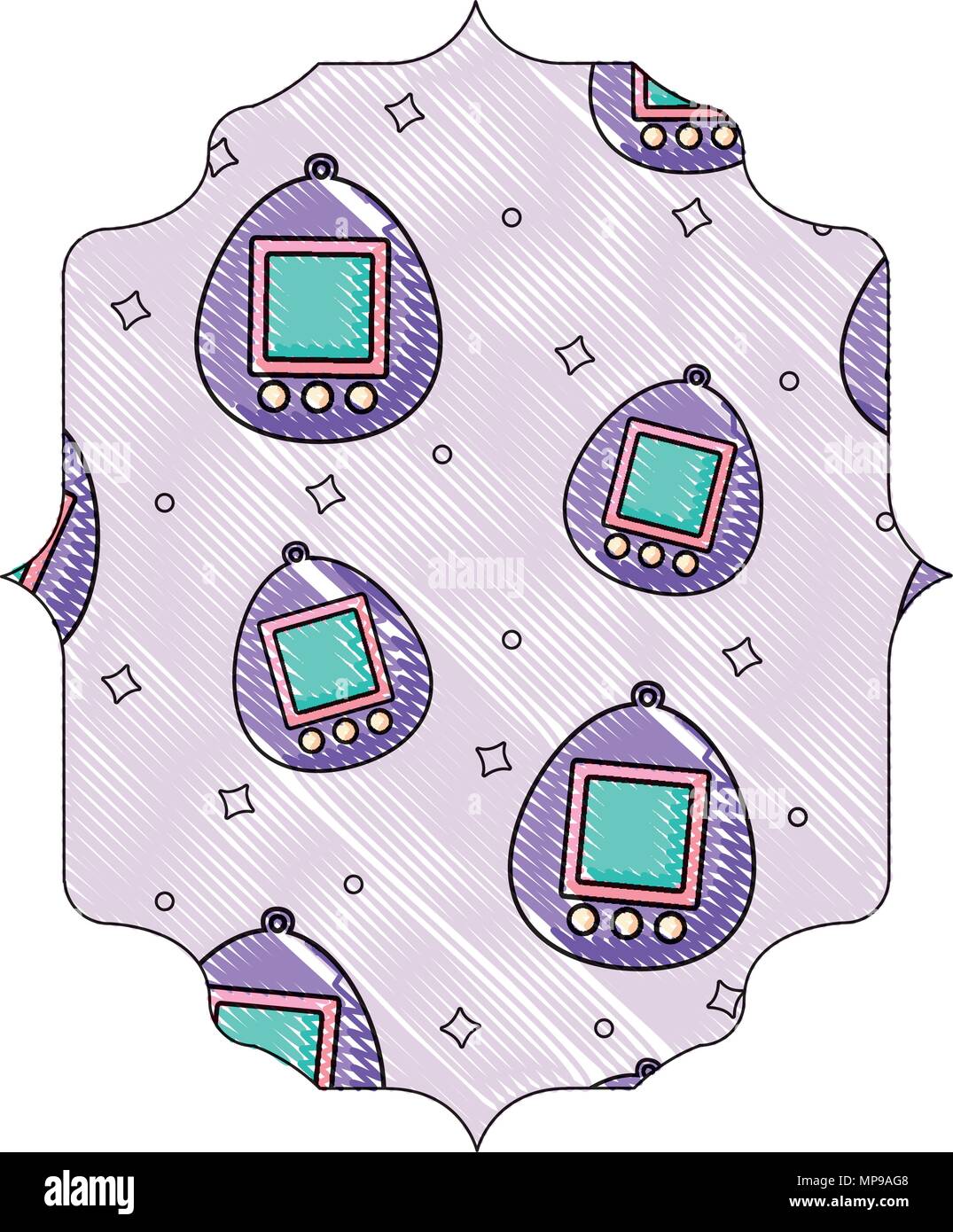 arabic frame with tamagotchi pattern over white background, vector illustration Stock Vector