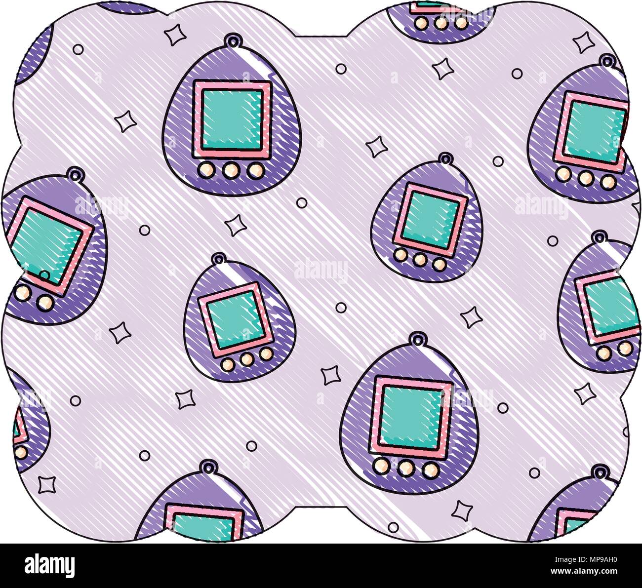 decorative frame with tamagotchi pattern over white background, vector illustration Stock Vector