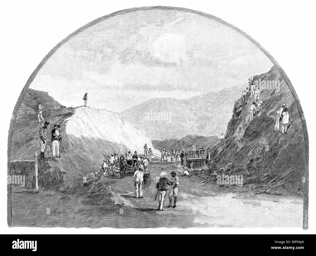 Engraving of French convicts making a road in New Caledonia. In 1888 there were 10,000 convicts on the island. From the Picturesque Atlas of Australasia Vol 3, 1886 Stock Photo