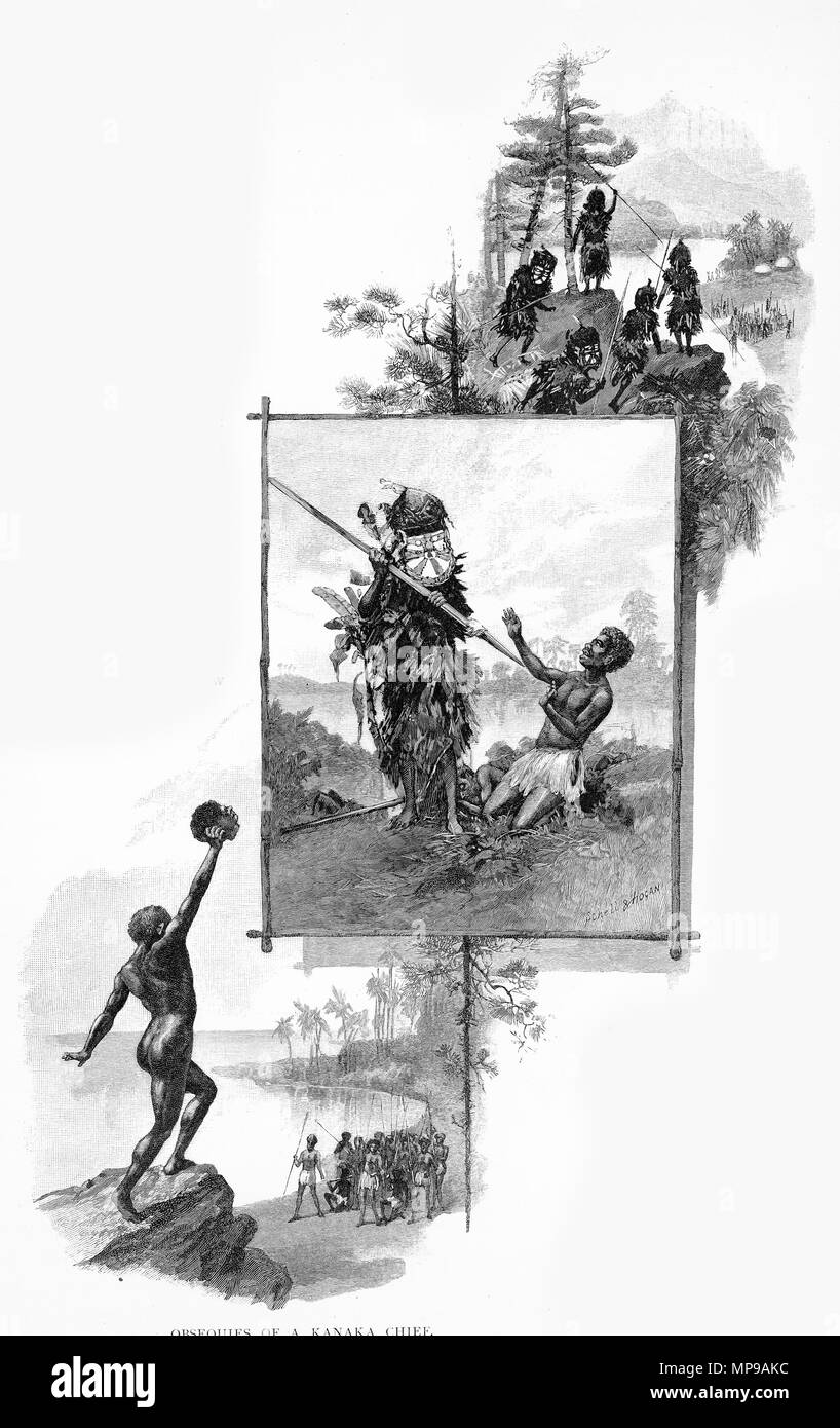 Engraving of the burial customs of a Kanaka Chief in New Caledonia, from top, mourners in heavy wooden masks, a man appointed to watch over the chief's body, and the chief's decayed head is removed and held aloft before a secret burial. From the Picturesque Atlas of Australasia Vol 3, 1886 Stock Photo