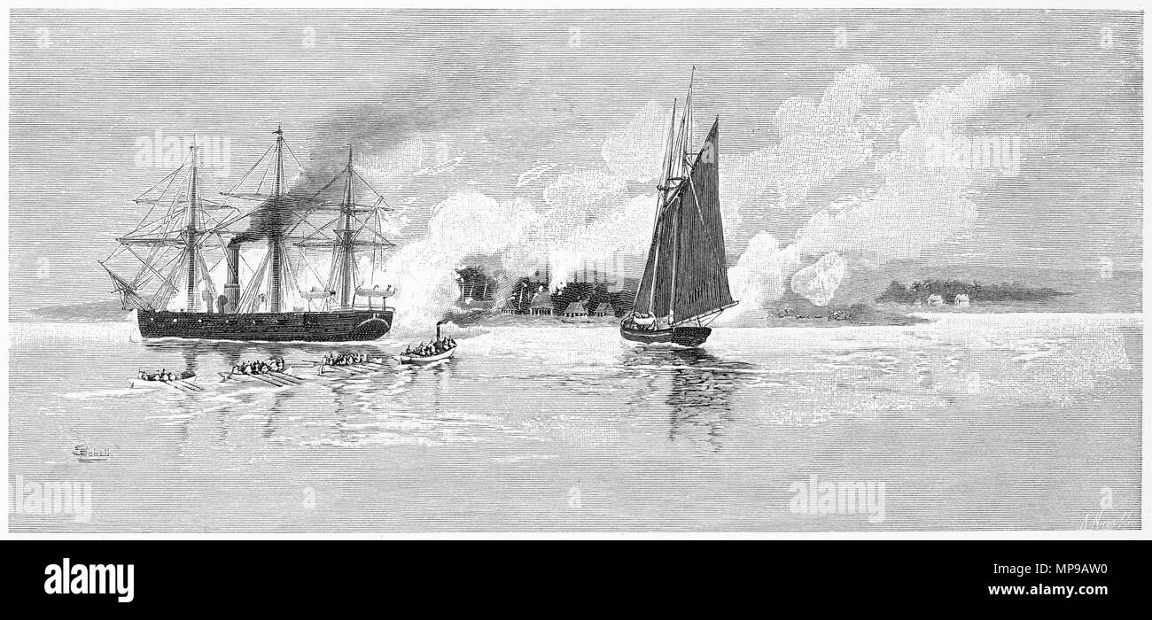 Engraving of a naval assault on the Solomon Islands as the Germans and British fight for dominance. From the Picturesque Atlas of Australasia Vol 3, 1886 Stock Photo
